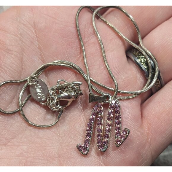 Pink Rhinestone M Monogram Silver Tone Pendant Necklace - Picture 7 of 8